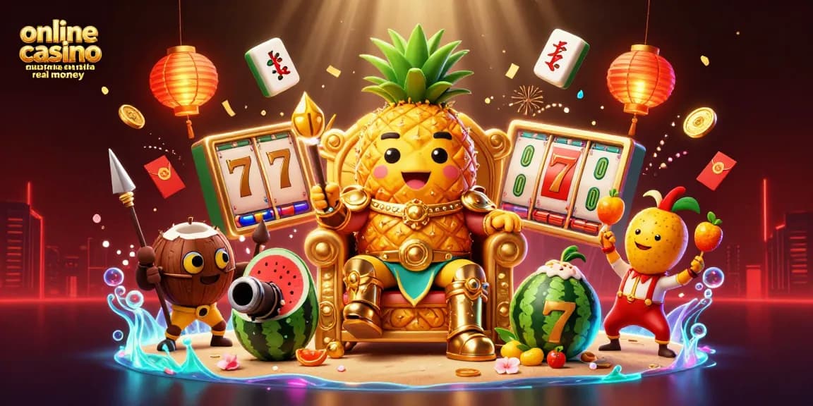 Experience online casino Australia real money excitement with a vibrant beach scene featuring entertaining characters and game elements.