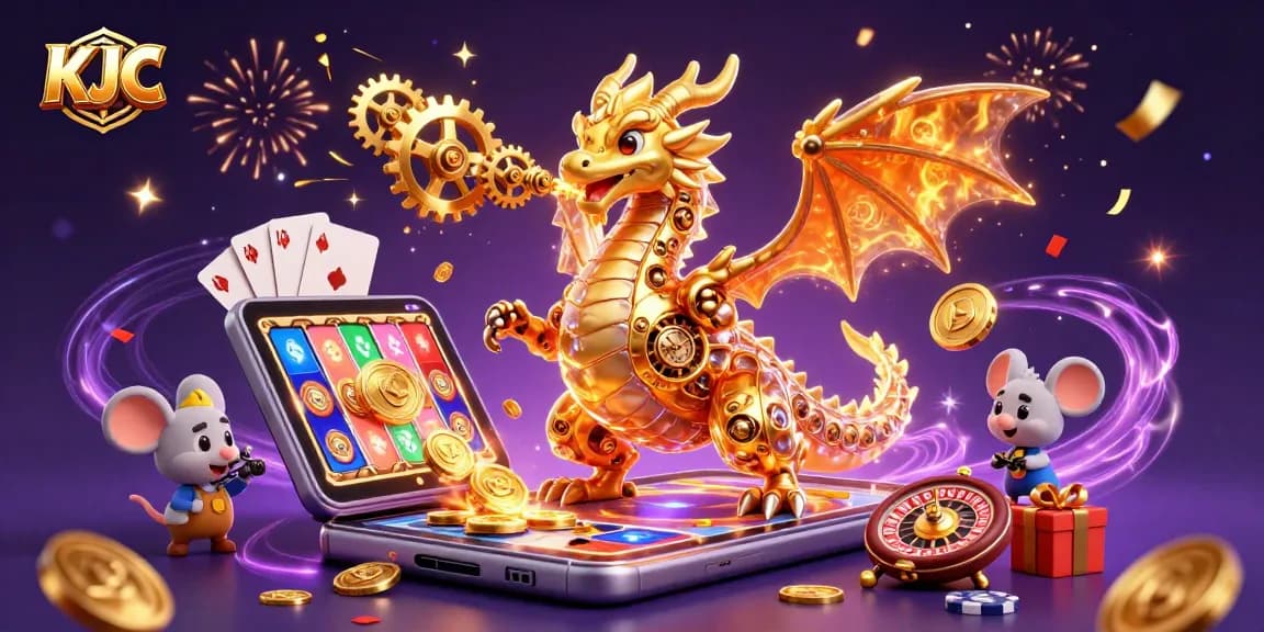 KJC engages players with a golden dragon breathing gears amidst vibrant casino elements and games.