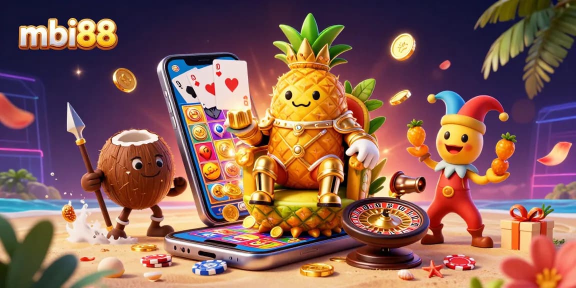 Spin the reels with mbi88's golden pineapple king at a vibrant beach casino full of excitement.