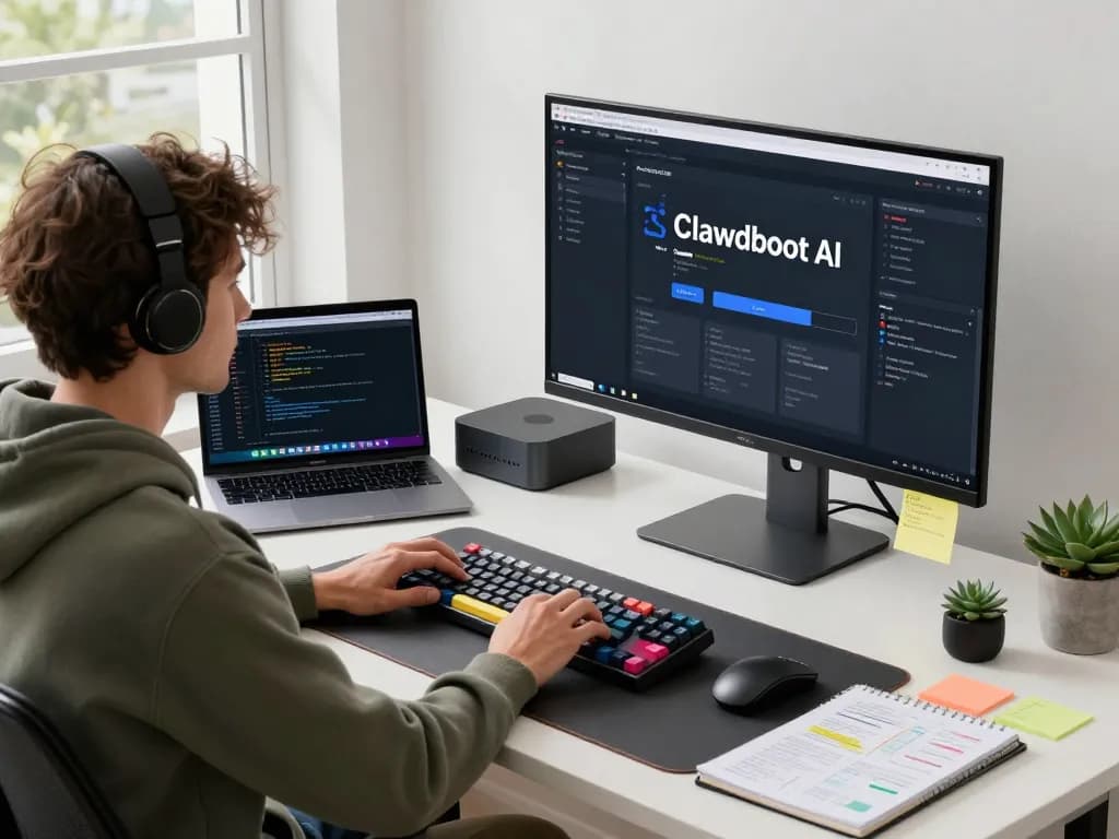 Developer using Clawdbot AI on a Mac mini in a bright tech workspace.