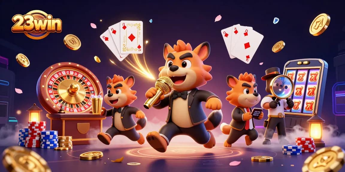 Experience 23win's thrilling comedy casino scene with entertaining hyenas and vibrant gaming elements.