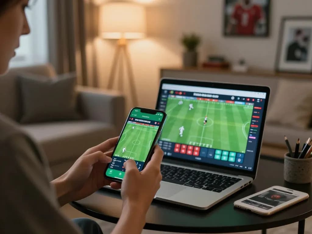 Monitor the tỷ lệ kèo nhà cái hôm nay through live betting on a smartphone in a cozy environment.