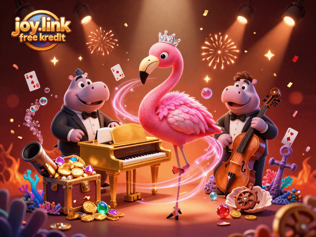 Engage with the vibrant joy.link free kredit scene featuring a flamboyant flamingo singing with colorful casino elements