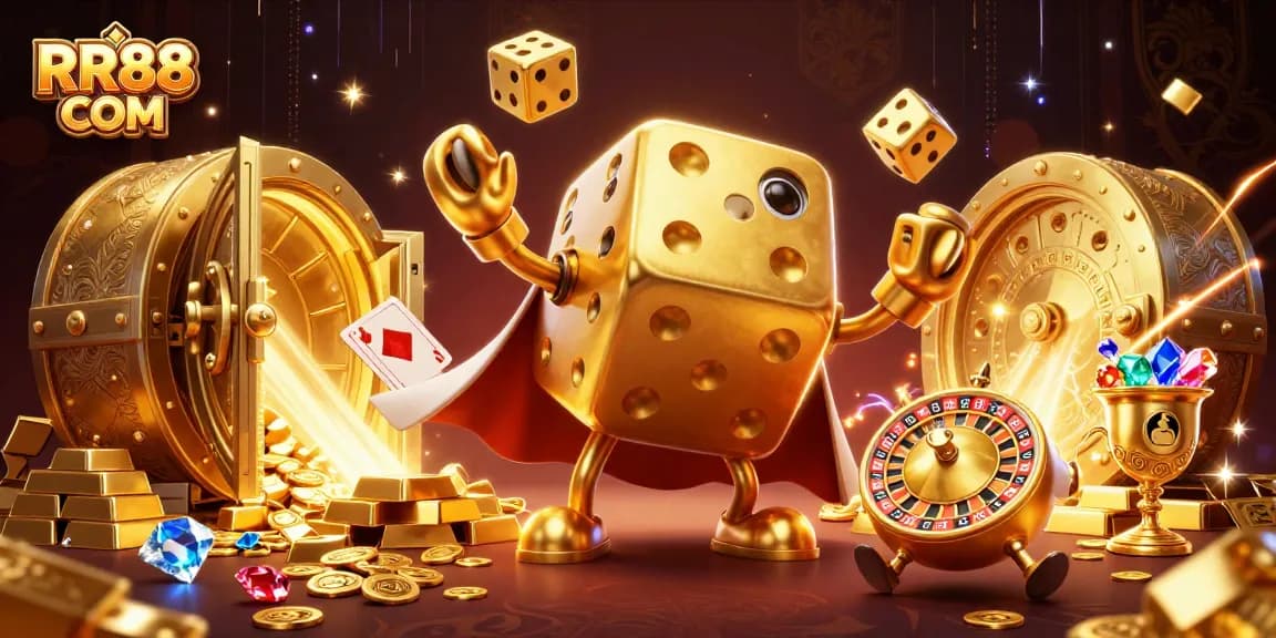 Win big with RR88 COM as the golden dice golem juggles rewards in a vibrant casino scene.