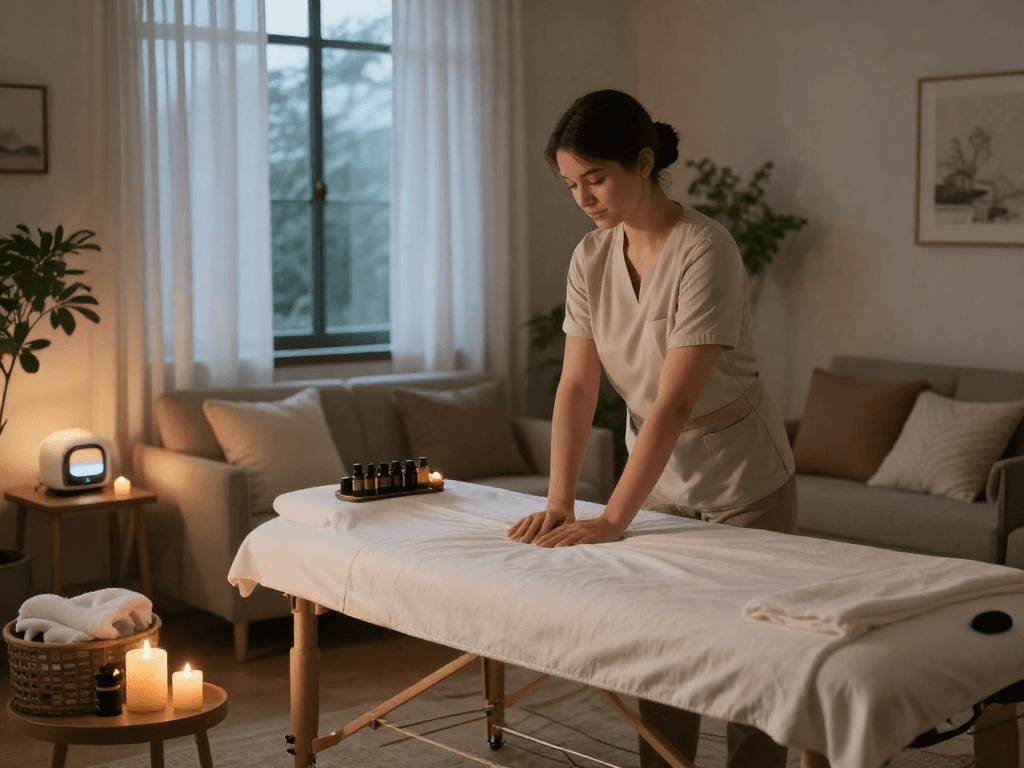 신림출장안마 therapist preparing a cozy home massage session with soothing ambiance and essential oils