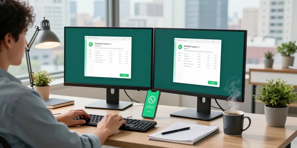 Person working on WhatsApp電腦版 setup in a modern home office.