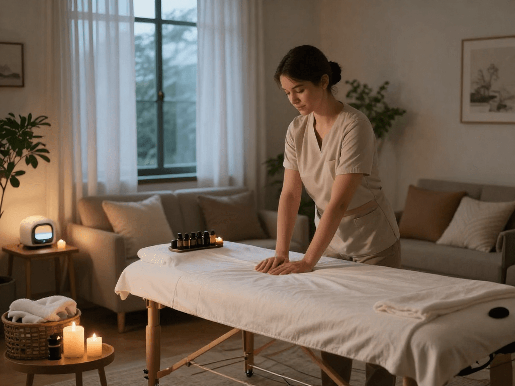 신림출장안마 therapist preparing a cozy home massage session with soothing ambiance and essential oils