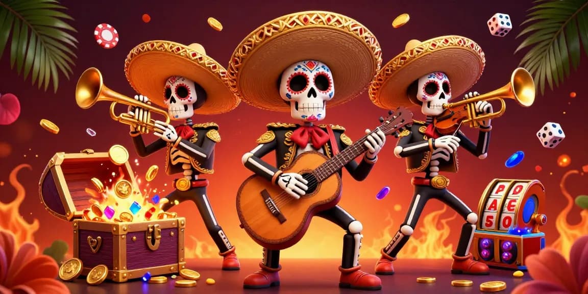 Experience the excitement with rakhoitv's vibrant gambling scene, showcasing a lively skeleton mariachi band among gold coins and poker chips.