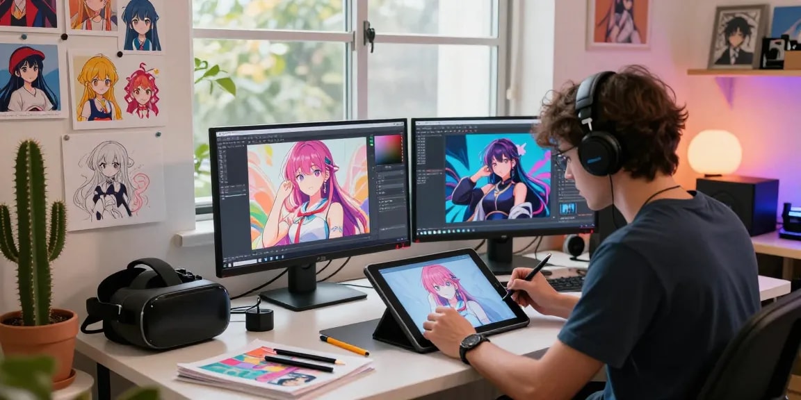 AI ecchi artist creating digital illustrations in a vibrant studio.