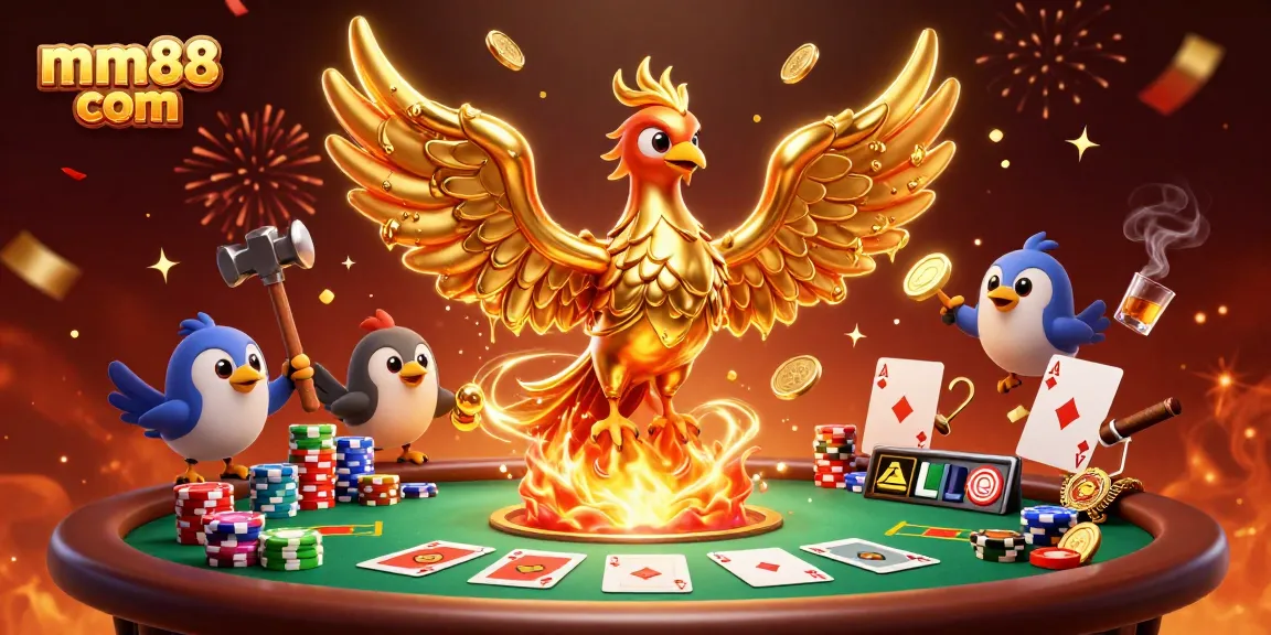 Experience thrilling wins with mm88 com in a vibrant 3D casino scene featuring golden phoenix and poker elements.