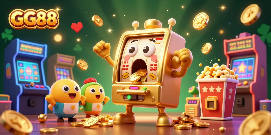 Celebrate wins at GG88 with vibrant 3D cartoon slot machines and gold coins pouring out.