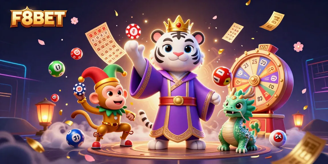 Engage with F8BET's colorful lottery experience featuring vibrant characters and dynamic game elements.
