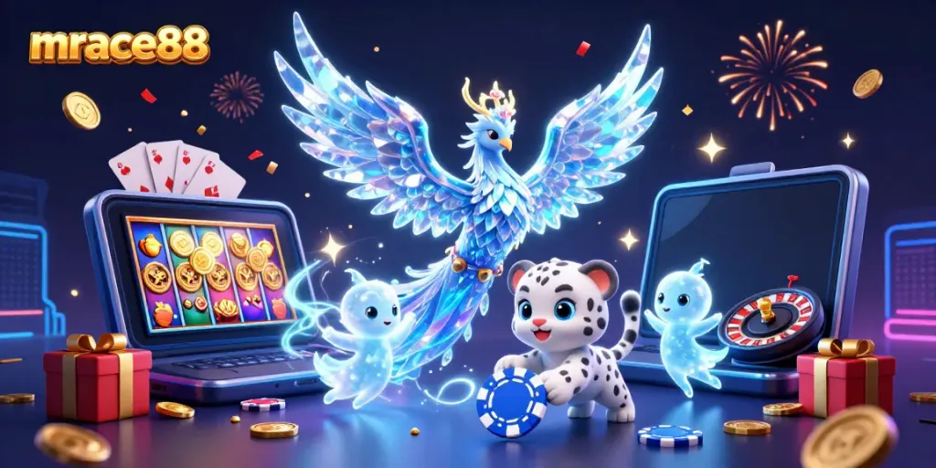 Spin and win with mrace88 at this exciting casino scene featuring vibrant characters playing dynamic games.