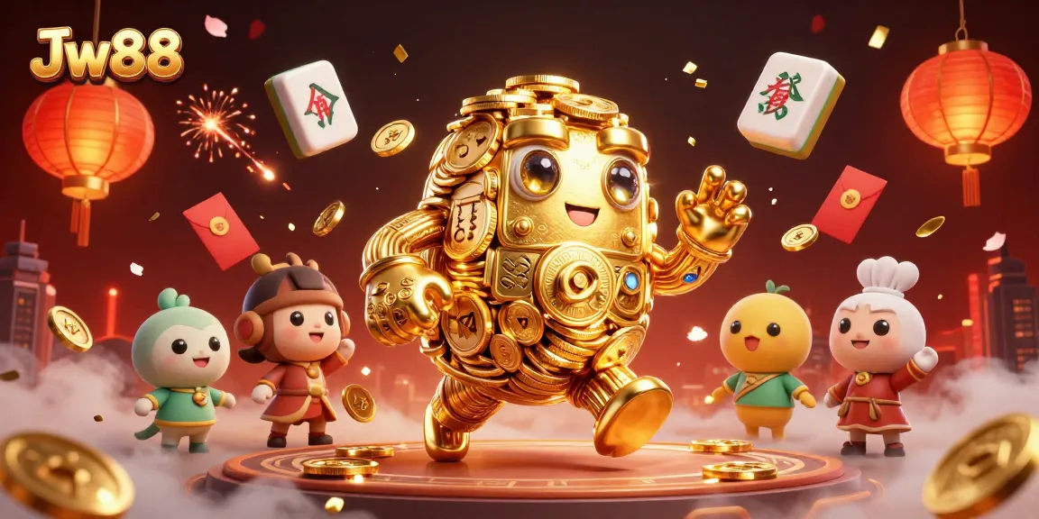 Experience the thrill of Jw88 with vibrant casino elements swirling around a golden golem.