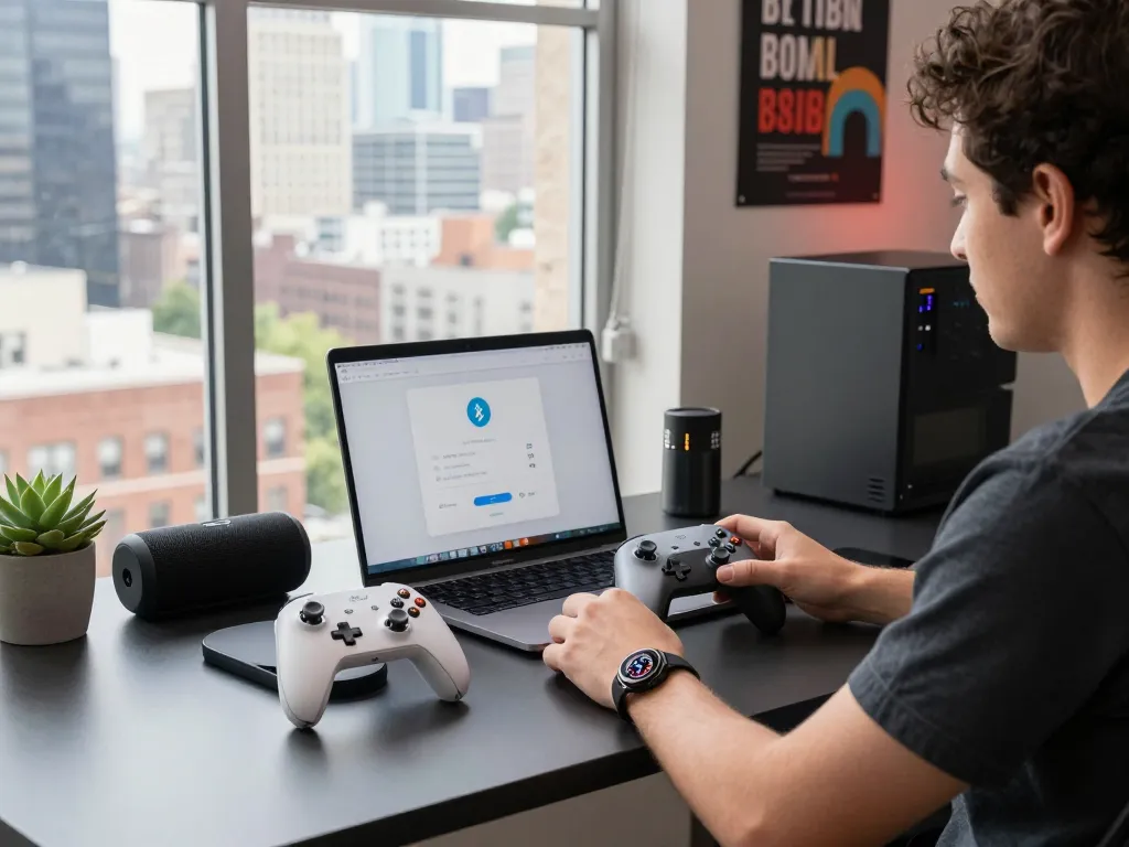 Tech enthusiast showcasing the best tech gadgets for men including Bluetooth controllers and smart devices in a modern workspace.