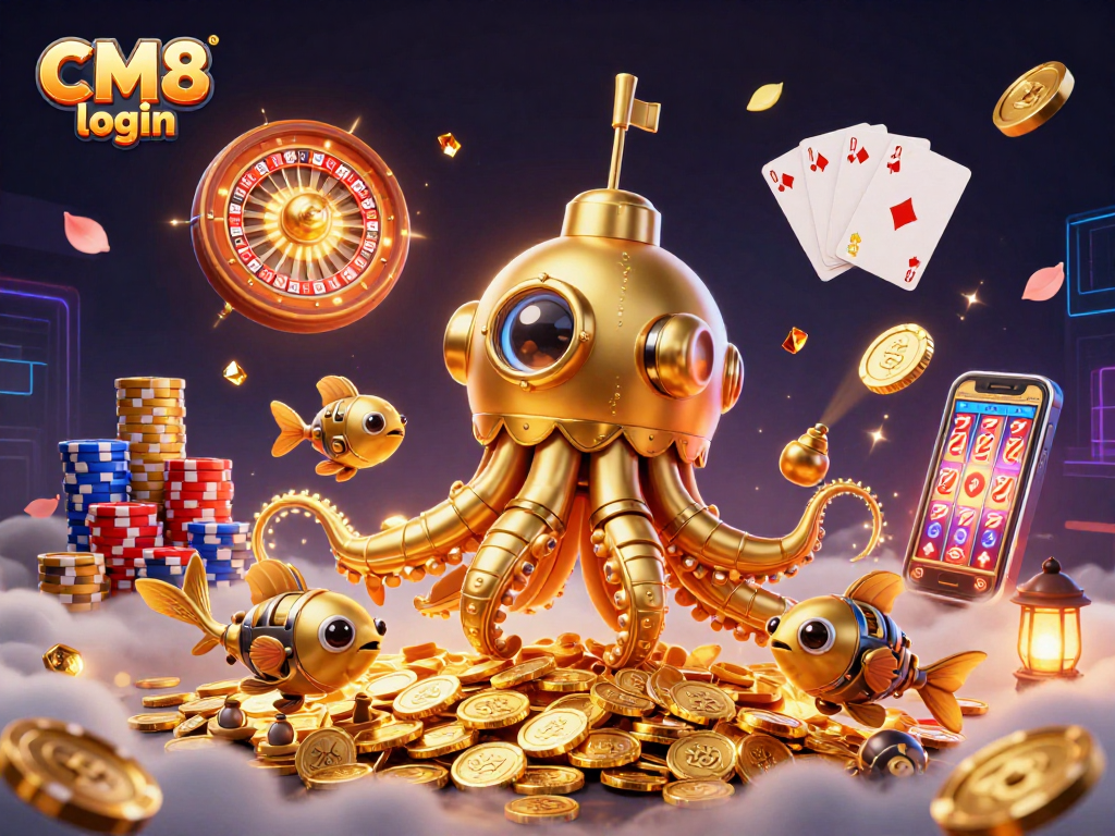Experience CM8 login for thrilling casino wins with rich visuals of a kraken submarine amidst gold.