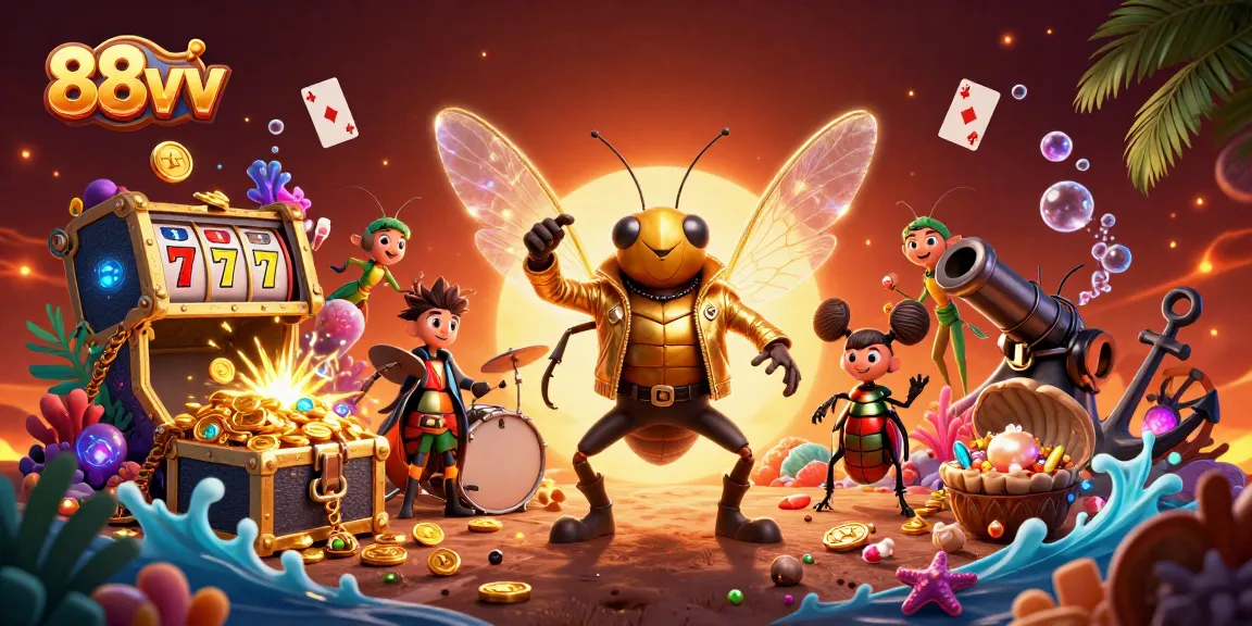 Experience vibrant 88vv slot excitement with an energetic cicada rock star and treasure elements.