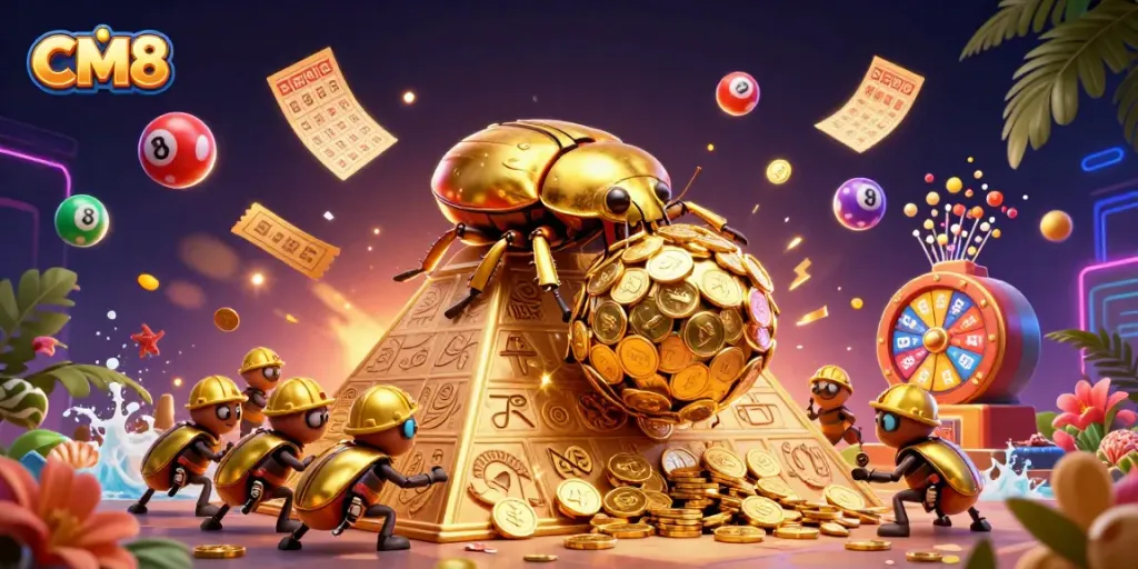 Engage with CM8's exciting features in a vibrant 3D casino scene packed with lottery elements.