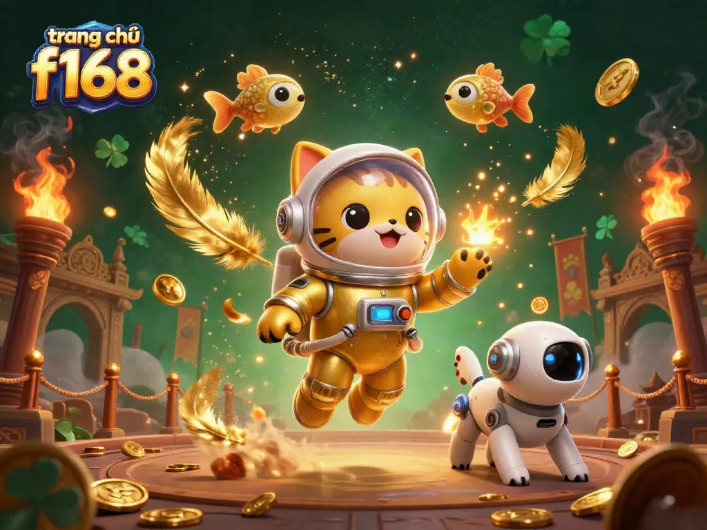 Engage with exciting games at trang chủ f168 featuring a vibrant 3D illustration of an astronaut cat and robot dog.