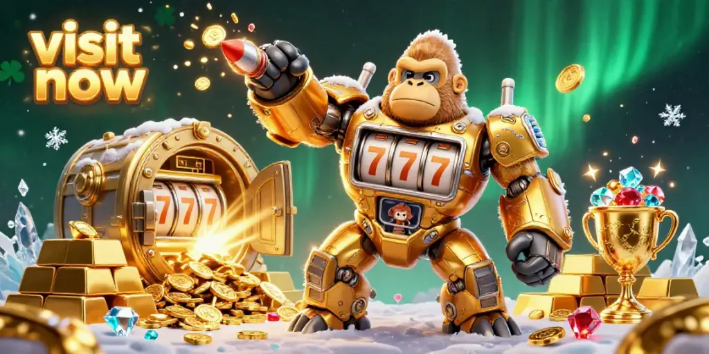 Experience the thrill of casino fun with "visit now" through a vibrant illustration of a golden gorilla mech.
