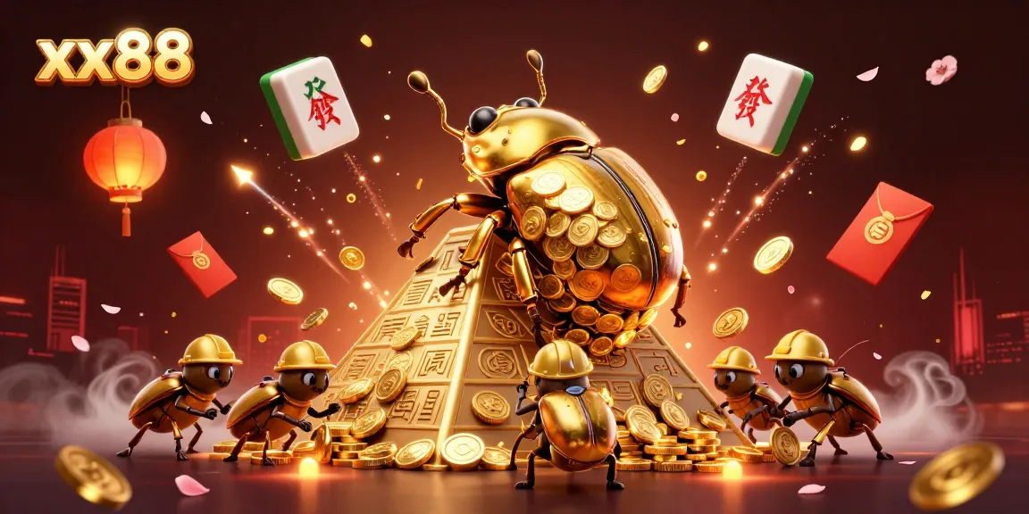 Experience the thrill of xx88 with our colorful 3D casino scene featuring golden beetles and treasures.