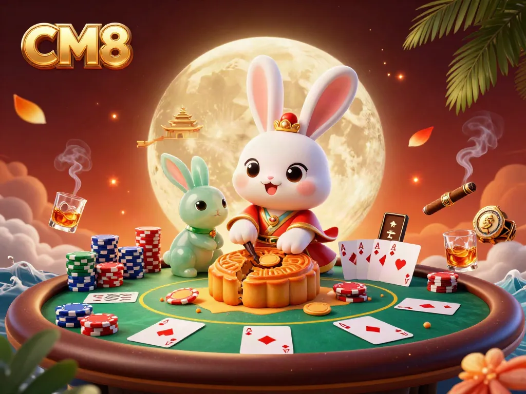 Engage in thrilling CM8 gameplay with a cartoon moon rabbit surrounded by poker elements and vibrant casino visuals.