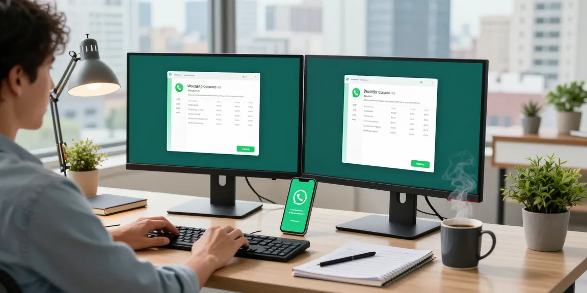 Person working on WhatsApp電腦版 setup in a modern home office.