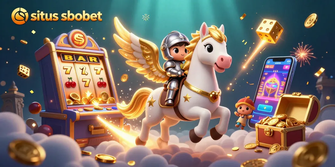 Experience the thrill of situs sbobet with a vibrant 3D illustration showcasing an exciting slot machine jackpot surrounded by animated gaming elements.