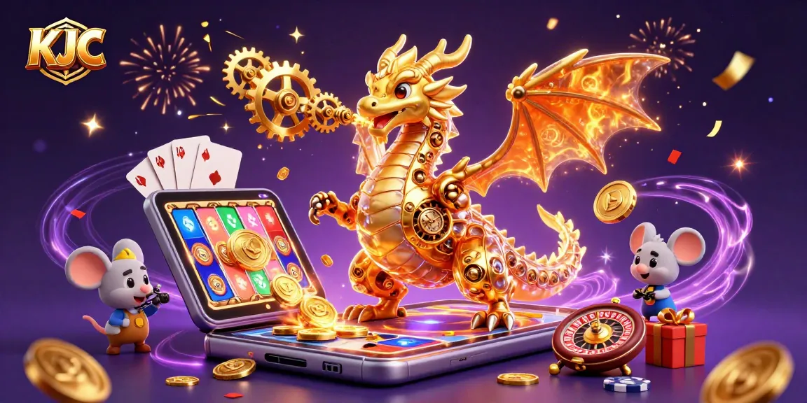 KJC engages players with a golden dragon breathing gears amidst vibrant casino elements and games.
