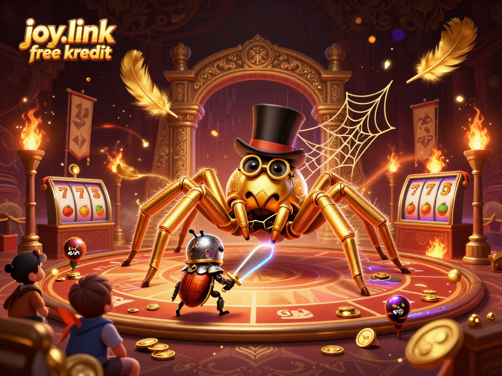 Explore the excitement of joy.link free kredit with a vibrant casino-themed illustration showcasing unique characters and elements.
