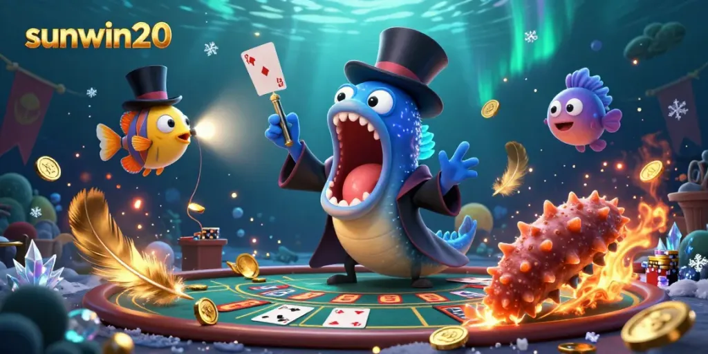 Experience thrilling card magic with sunwin20's eel magician and anglerfish spotlight in a vibrant underwater casino.