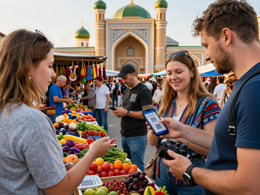 Pengunjung menggunakan aplikasi https://payinrussia.com/ untuk bayaran di pasar tempatan, dikelilingi oleh produk segar dan keranjang