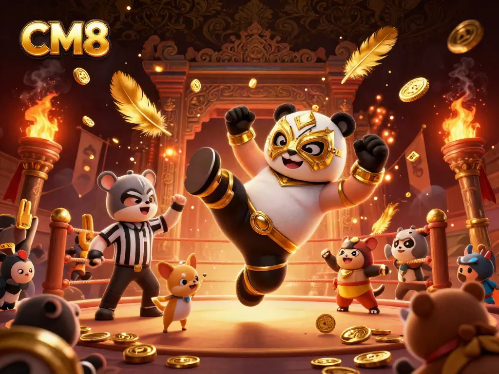 Engaging CM8 gaming scene with a panda wrestler, chihuahua referee, and animal fans celebrating at a casino event
