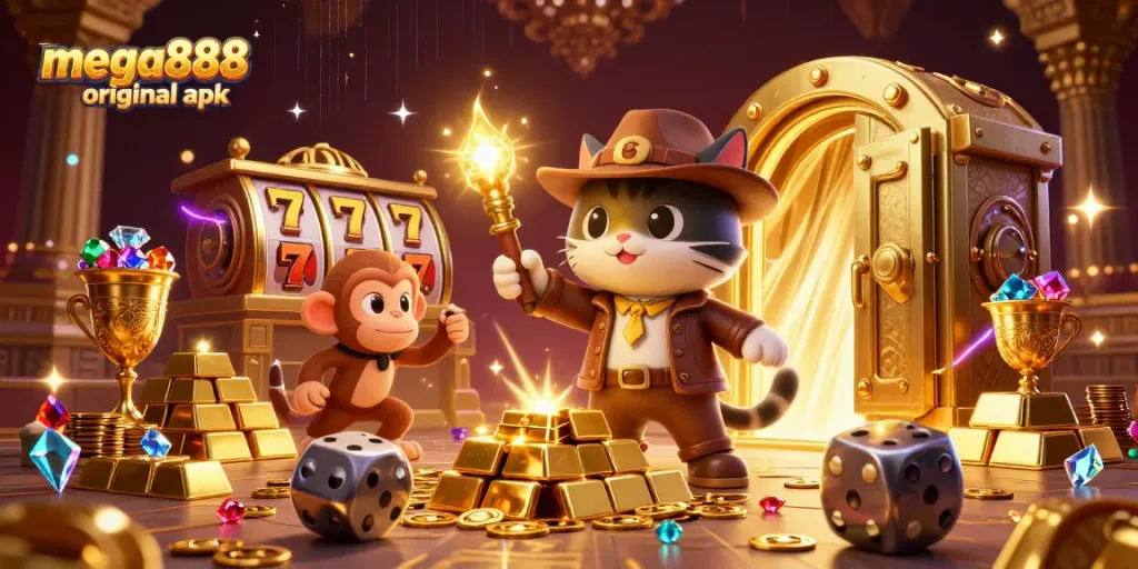 Experience the thrill of the mega888 original apk through a vibrant 3D illustration of an archaeologist cat uncovering treasure.