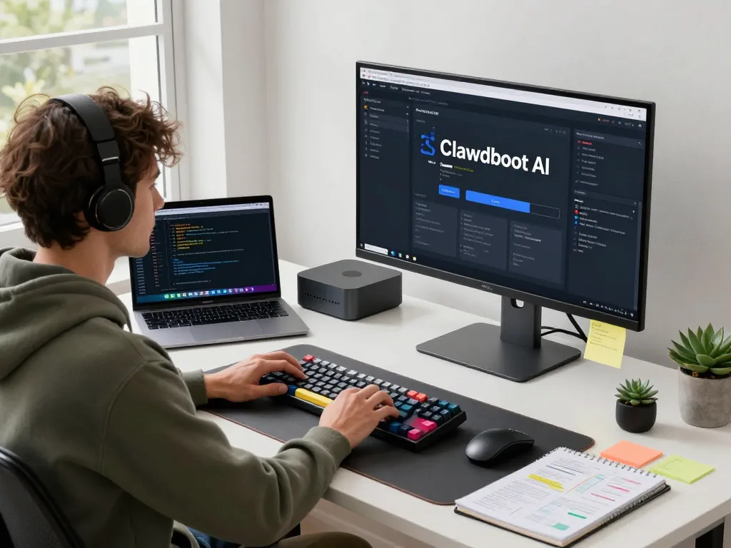 Developer using Clawdbot AI on a Mac mini in a bright tech workspace.