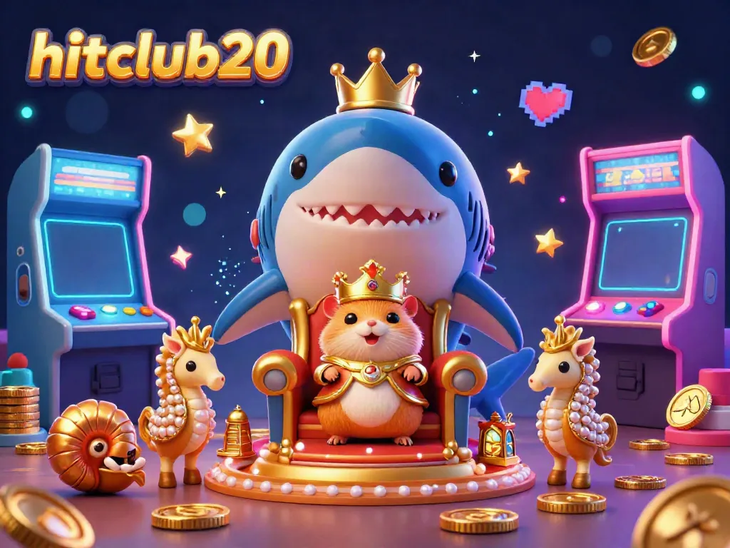 Engage with hitclub20's vibrant casino experience featuring a golden hamster king on a shark tooth throne surrounded by vibrant gaming elements.