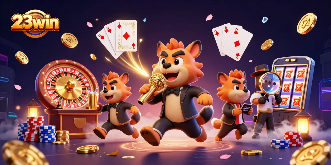 Experience 23win's thrilling comedy casino scene with entertaining hyenas and vibrant gaming elements.