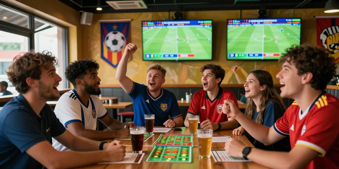 Exciting football betting Malaysia scene with friends in sports bar.