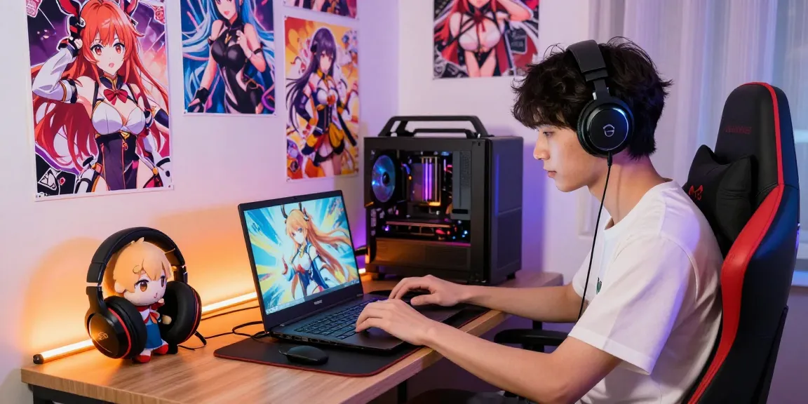 Character from an ecchi game gaming in a colorful bedroom, showcasing vibrant decor and accessories.