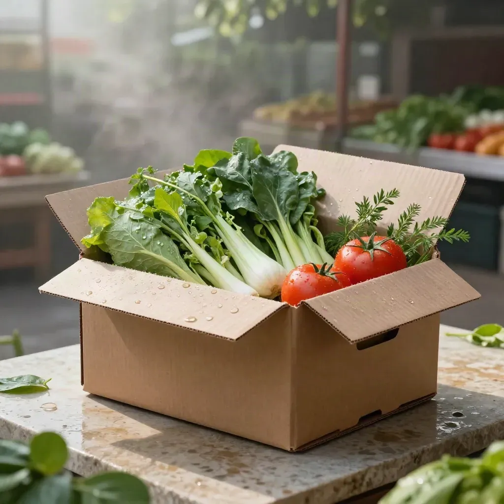 Kotak sayur organik keluarga dengan bayam, sawi, lobak dan tomato atas batu lembut.