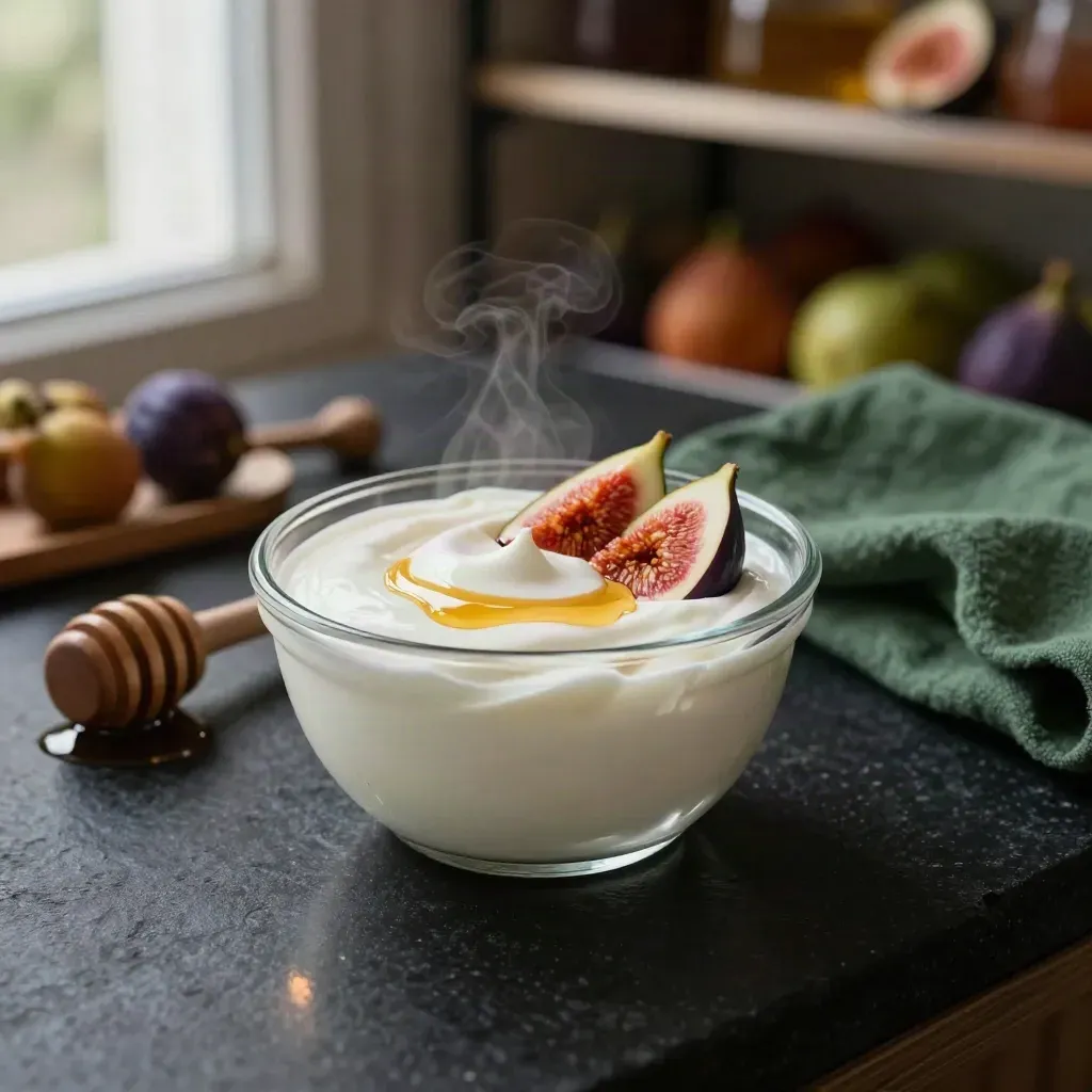 Tub yogurt Greek kaca dengan pusaran sudu, titisan madu dan hirisan buah tin di atas permukaan hitam.