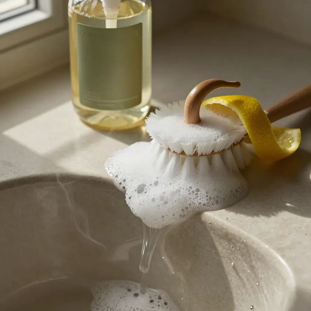 Bot sabun cuci pinggan sitrus, berus putih dan buih di tepi sink seramik.