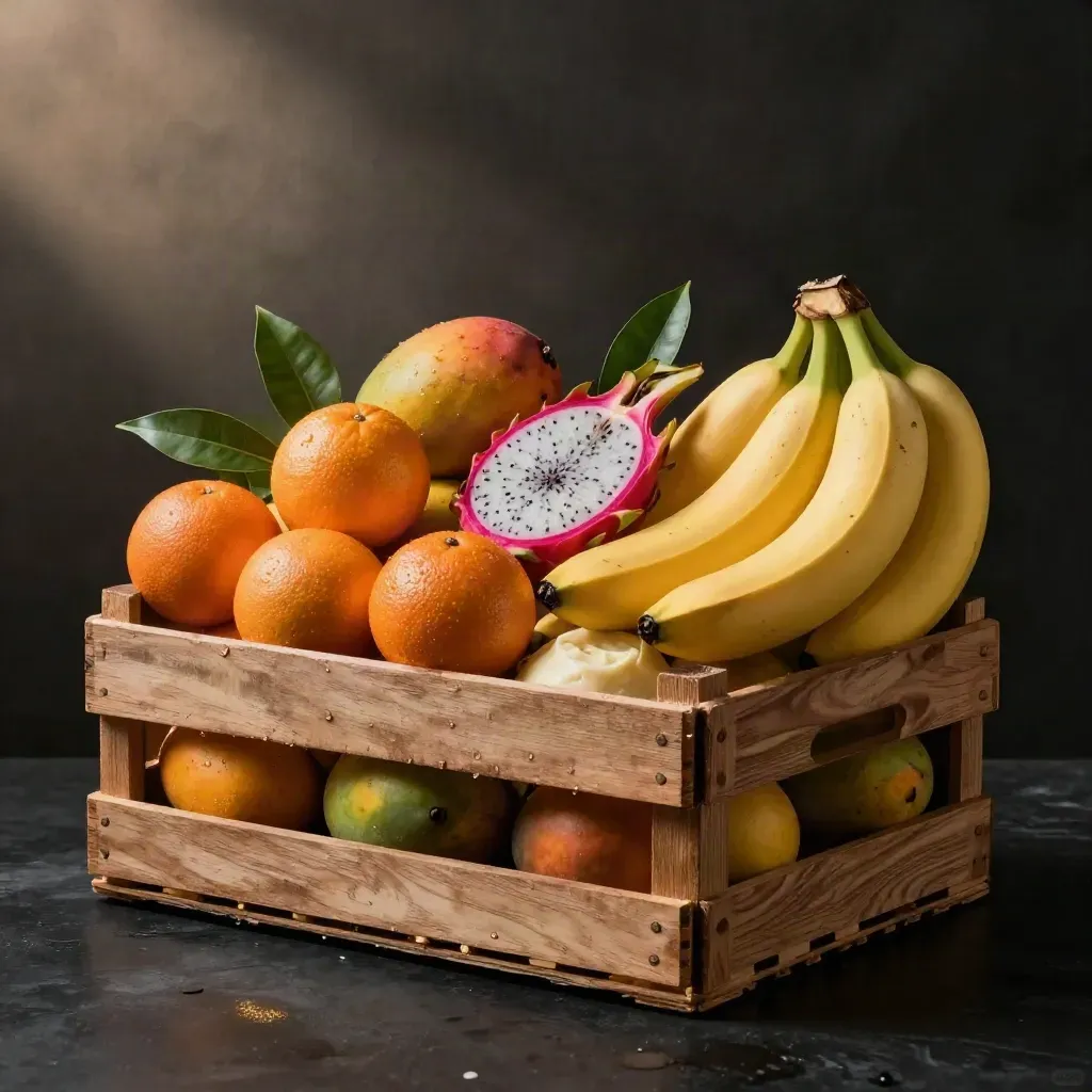 Krat buah mingguan penuh mangga, oren, buah naga dan pisang di studio gelap dramatik.