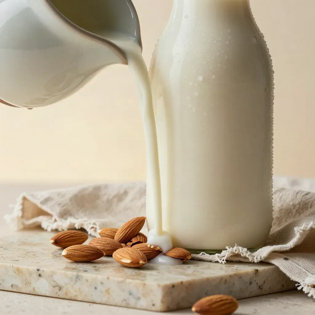 Botol susu badam 1L tanpa label, cawan seramik dan kain linen dengan aliran susu terakhir.