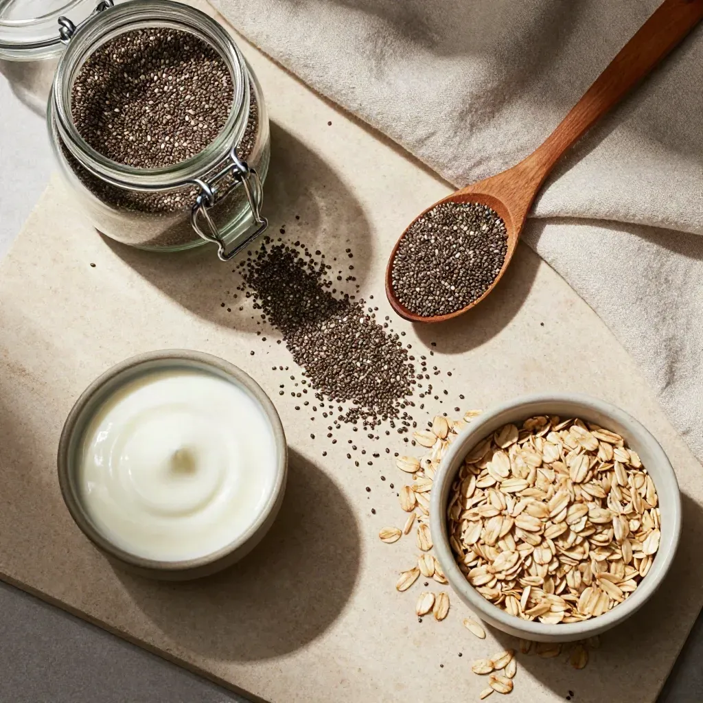 Balang kaca biji chia, mangkuk yogurt dan biji bertabur di atas linen.