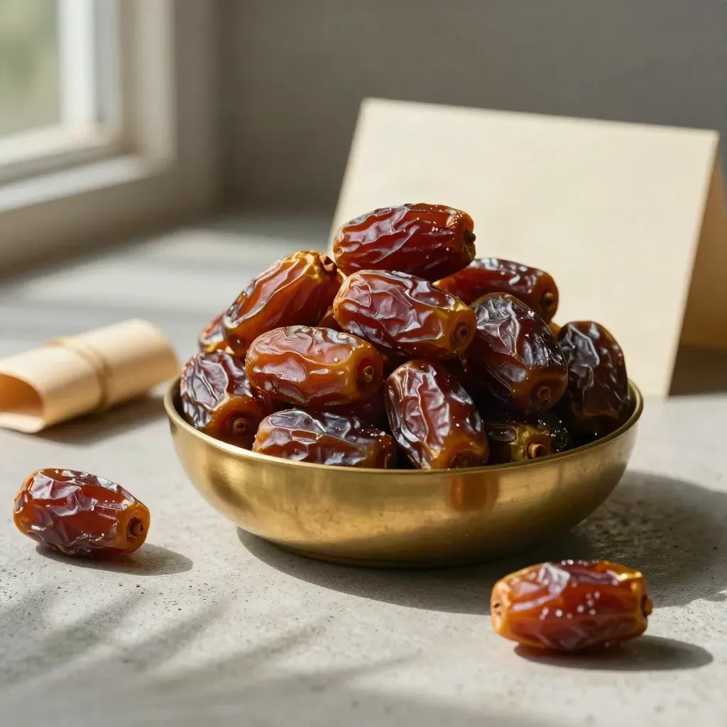Pek kurma Ajwa dengan mangkuk gangsa dan bayang daun palma di atas konkrit cerah.