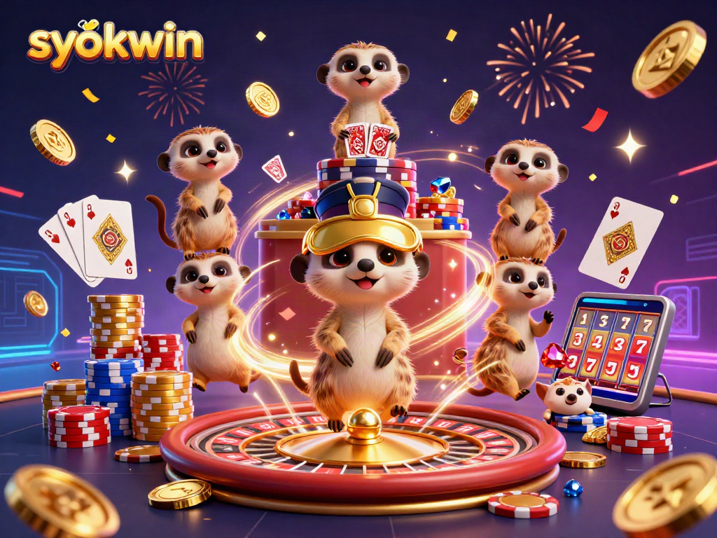 Experience thrilling fun at syokwin as meerkats manage a vibrant casino in a colorful 3D scene.