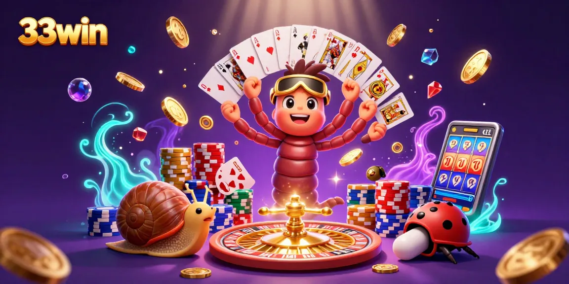 Engage with 33win's dynamic gaming scene featuring a whimsical millipede dealer and exciting casino elements.