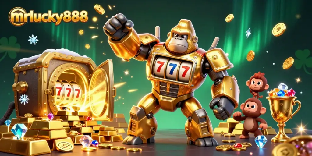 Experience winning thrills with mrlucky888's vibrant casino scene featuring a golden gorilla mech.
