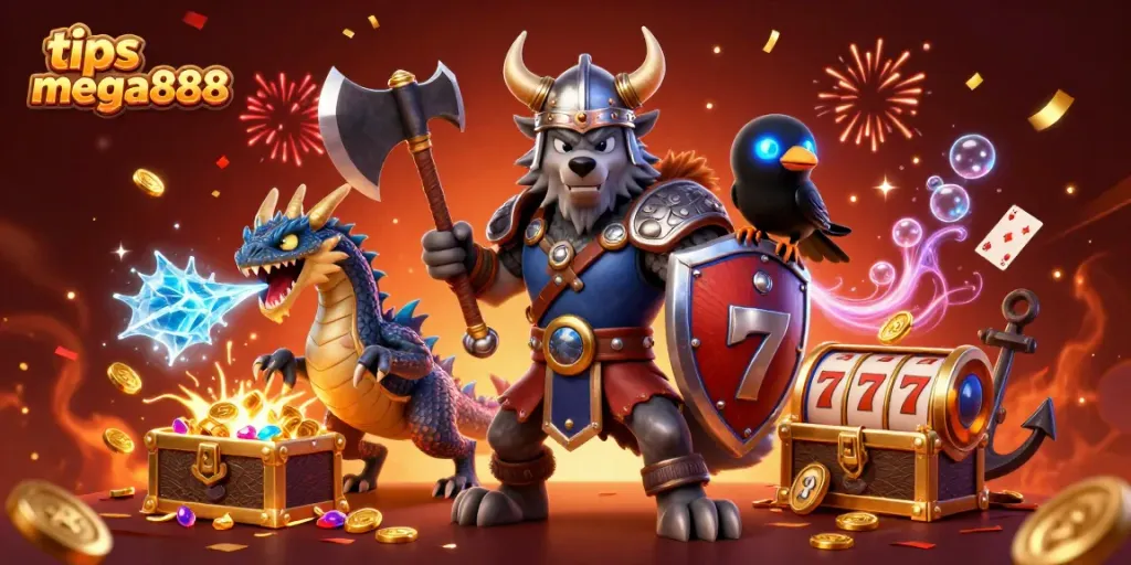 Engage with tips mega888 through a vivid animated scene of champions, adorned with treasure and excitement.